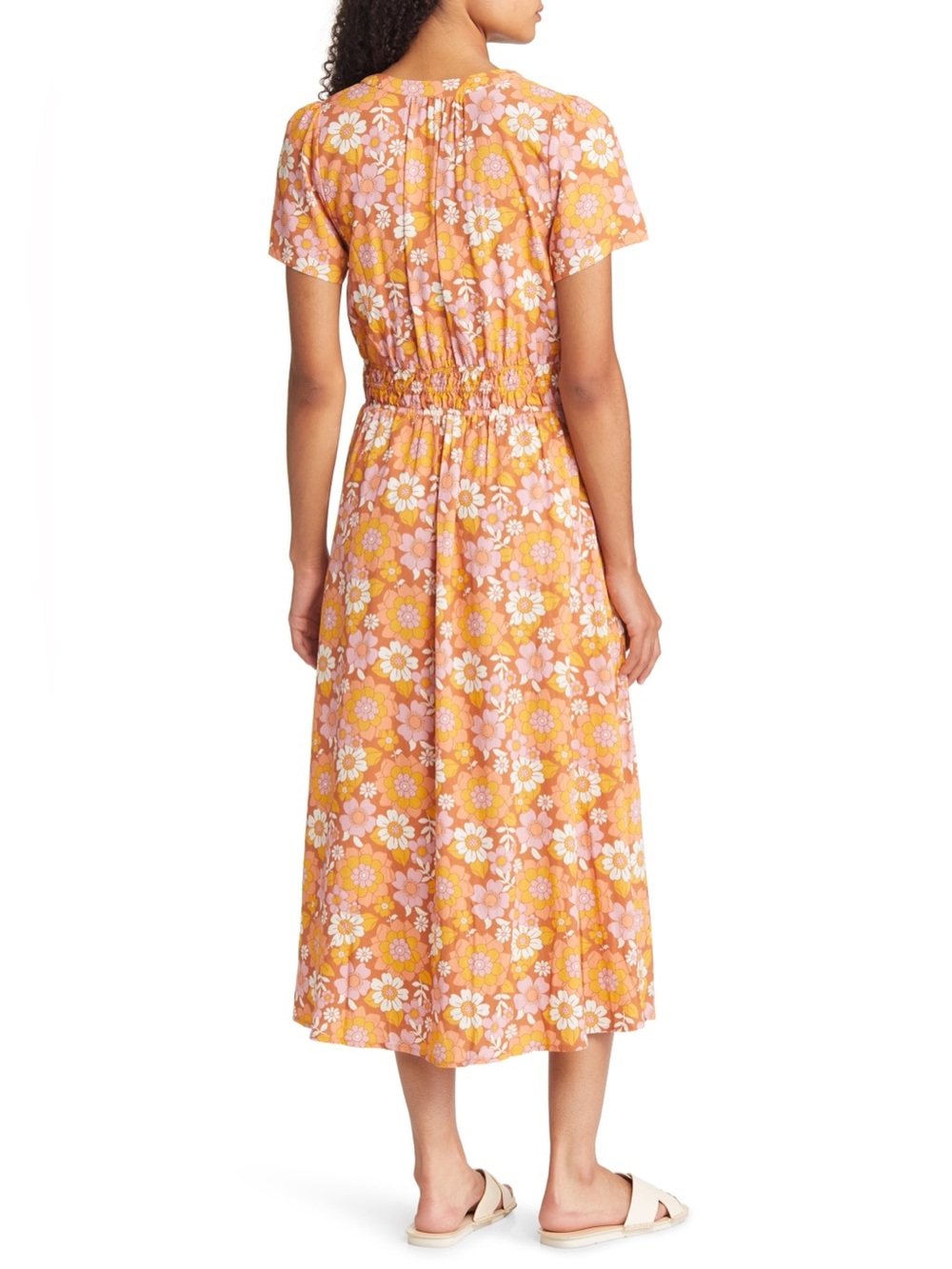 Marine Layer Annika Smocked Floral Midi Dress Amber Brown Medium - Picture 6 of 16